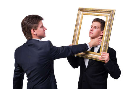 Two twins businessmen arguing with each other isolated on whiteの写真素材