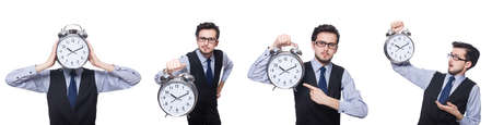 Collage of businessman with clock on whiteの写真素材