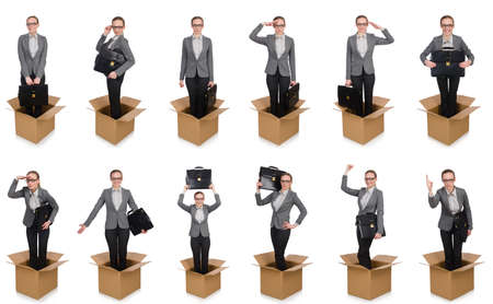 Composite image of woman with boxes on whiteの写真素材