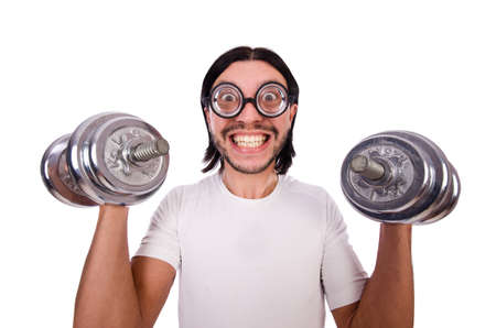 Funny guy with dumbbels on whiteの写真素材