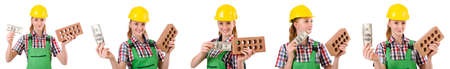 Woman with bricks isolated on white