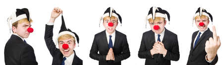 Collage of clown businessman isolated on whiteの写真素材