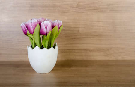 Tulip flowers against wooden backgroundの写真素材