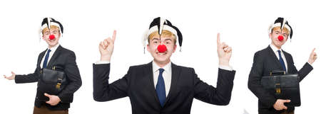 Collage of clown businessman isolated on whiteの写真素材