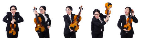 Woman playing violin isolated on whiteの写真素材