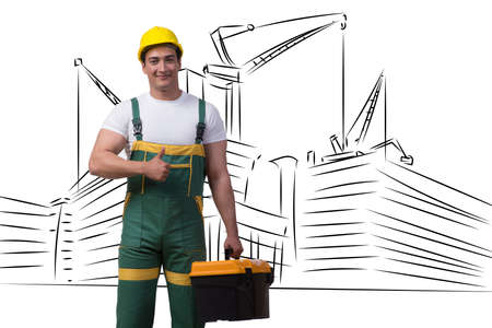 Construction man with hand drawn buildings
