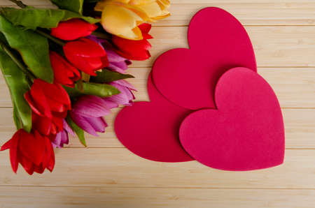 Tulips flowers arranged with copyspace for your textの写真素材