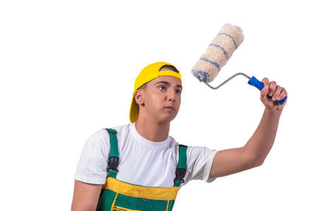 Young repairman painter with roller isolated on white