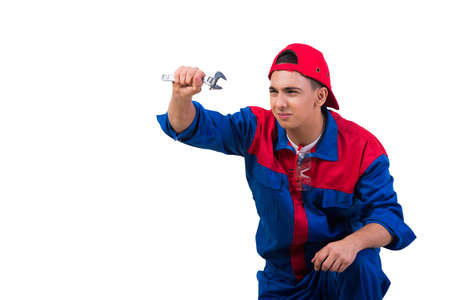 Young repairman with wrench spanner isolated on white