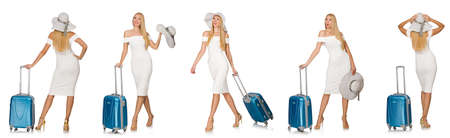 Travelling woman with suitcase isolated on whiteの写真素材