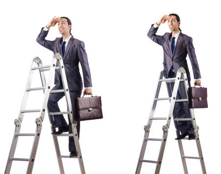 Businessman climbing the ladder isolated on whiteの写真素材