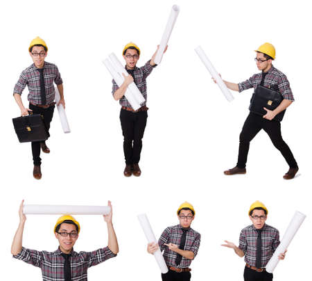 Funny man with blueprints on whiteの写真素材