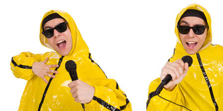 Funny performer with mic isolated on the whiteの写真素材