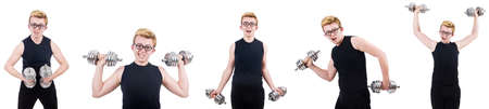 Man with dumbbells isolated on whiteの写真素材
