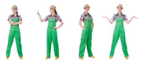 Collage of woman wearing green coveralls isolated on whiteの写真素材