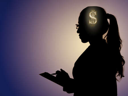 Money concept with woman thinking about dollarsの写真素材