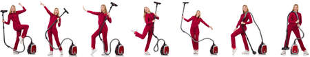 Young woman with vacuum cleaner on whiteの写真素材