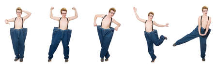 Funny man with trousers isolated on whiteの写真素材