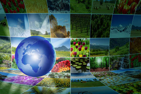 World map with many nature photosの写真素材