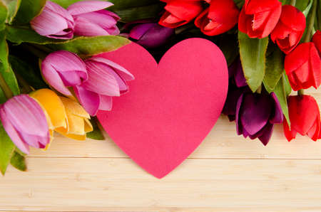 Tulips flowers arranged with copyspace for your textの写真素材