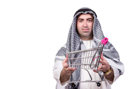 Arab man with shopping cart trolley isolated on whiteの写真素材