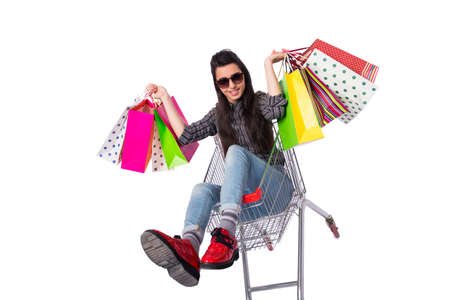 Young woman happer after shopping isolated on whiteの写真素材