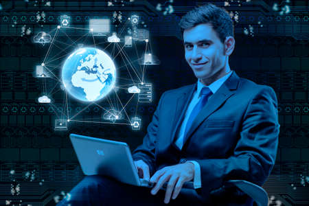 Young businessman in global computing concept