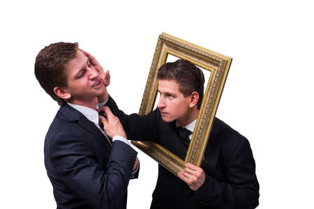 Two twins businessmen arguing with each other isolated on whiteの写真素材