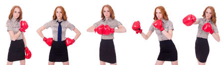 Collage of woman businesswoman with boxing gloves on whiteの写真素材