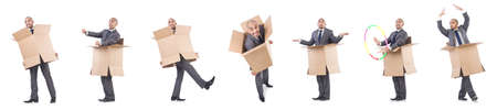 Collage of photos with man and boxesの写真素材