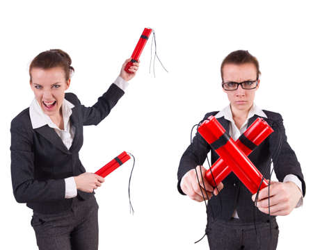 Woman businesswoman with dynamite stick isolated on white