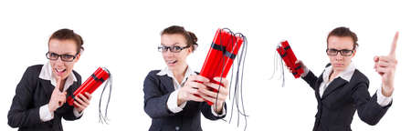 Woman businesswoman with dynamite stick isolated on whiteの写真素材