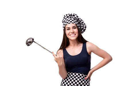 Young woman chef cook isolated on whiteの写真素材