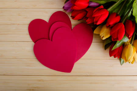 Tulips flowers arranged with copyspace for your textの写真素材