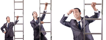 Businessman climbing the ladder isolated on whiteの写真素材