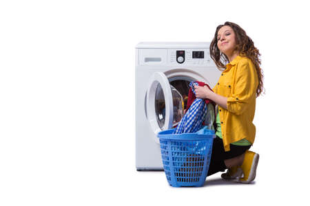 Woman tired after doing laundry isolated on whiteの写真素材