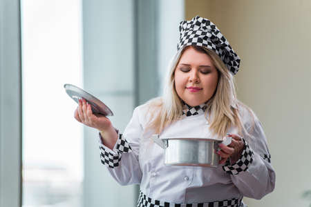 Female cook preparing soup in brightly lit kitchenの写真素材