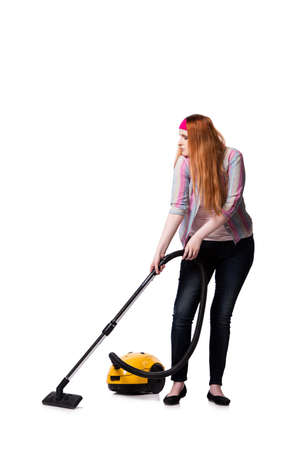 Funny housewife with vacuum cleaner isolated on whiteの写真素材
