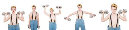 Collage of funny man with dumbbells on whiteの写真素材