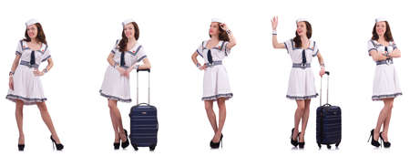 Woman sailor with suitcase isolated on whiteの写真素材