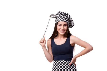 Young woman chef cook isolated on whiteの写真素材