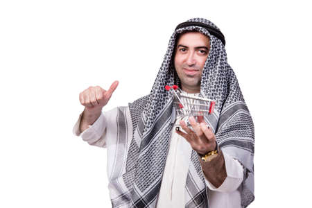 Arab man with shopping cart trolley isolated on white
