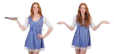 Nice attractive waitress isolated on the whiteの写真素材