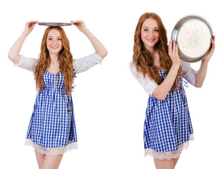 Nice attractive waitress isolated on the whiteの写真素材