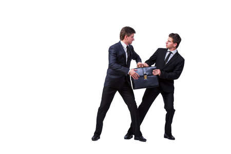 Two twins businessmen arguing with each other isolated on white
