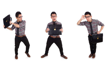 Young employee with briefcase isolated on whiteの写真素材