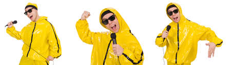 Funny performer with mic isolated on the white