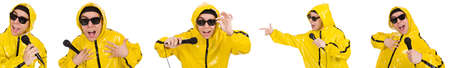 Funny performer with mic isolated on the whiteの写真素材