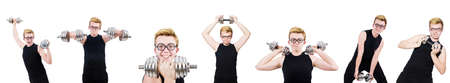Man with dumbbells isolated on whiteの写真素材