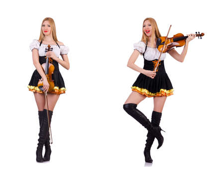 Bavarian girl playing the violin isolated on whiteの写真素材